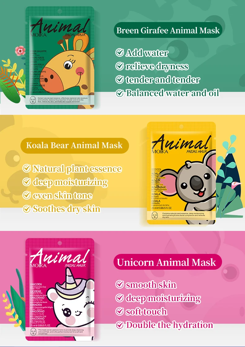 MOIKA Animal Face Mask Set - Hydrating Cartoon Masks with Hyaluronic Acid 5 cartoon animal face masks spu746064659391 desc 5