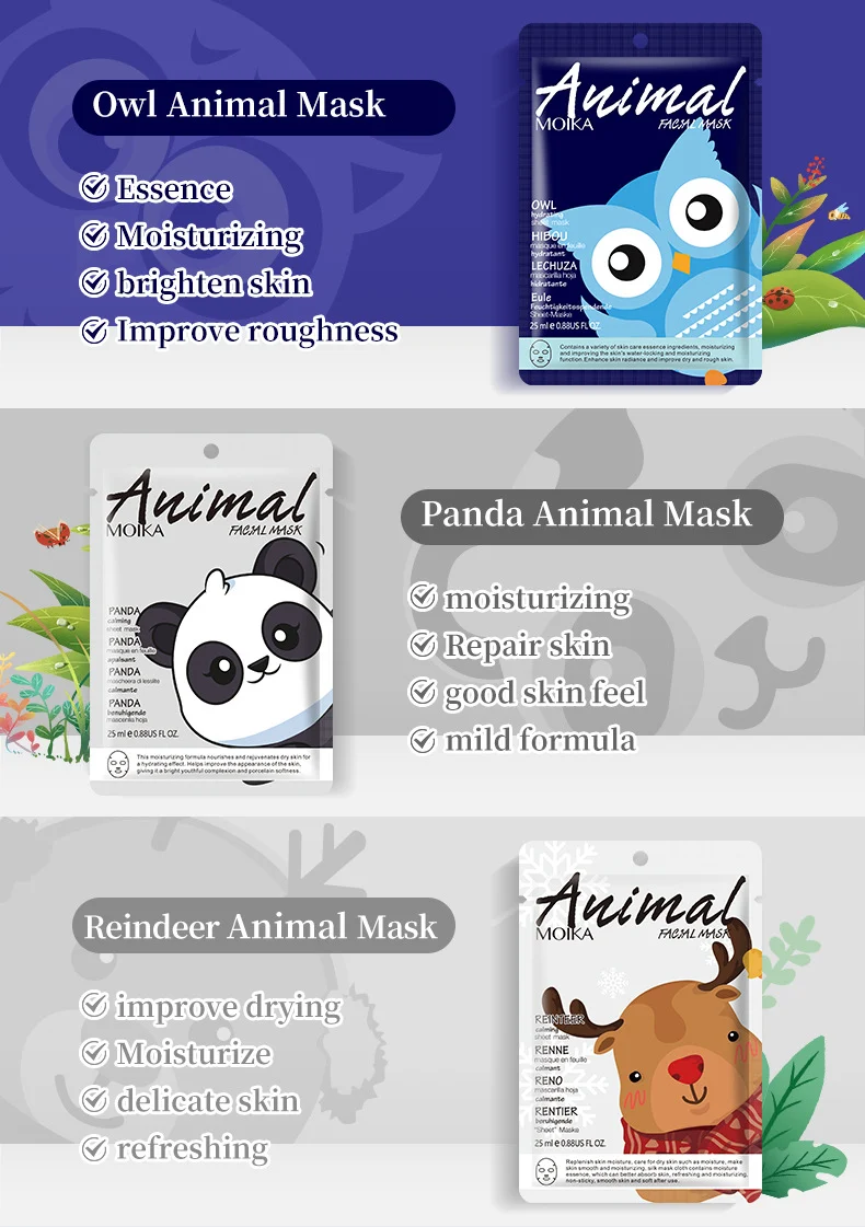 MOIKA Animal Face Mask Set - Hydrating Cartoon Masks with Hyaluronic Acid 6 cartoon animal face masks spu746064659391 desc 6